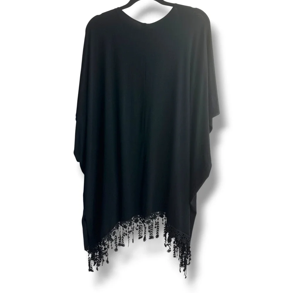 BECCA by Rebecca Virtue Swim Cover Up Women M/L Black Crochet Lace Tassel Kimono